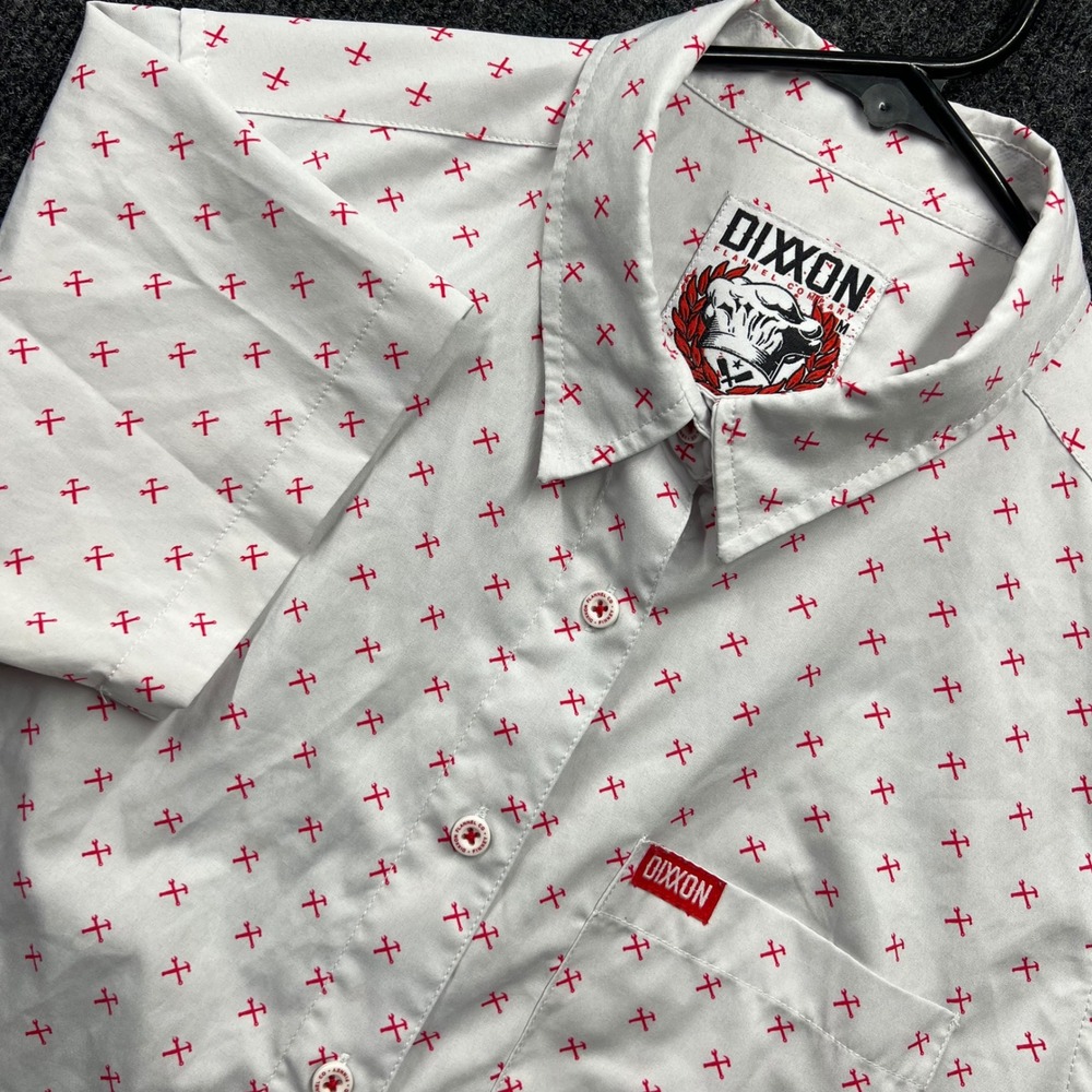 Dixxon Flannel Co Womens Medium White Red Wrench Print Short Sleeve Button Up